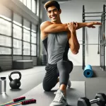 A Importância do Alongamento DALL·E 2025-03-26 23.11.32 – An image showing a person stretching before a workout. The person is doing a simple shoulder stretch in a gym setting, surrounded by fitness equipment