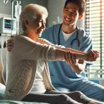 DALL·E 2025-03-26 23.23.10 – An elderly patient in a hospital room performing light stretching exercises with the guidance of a healthcare professional. The healthcare professiona