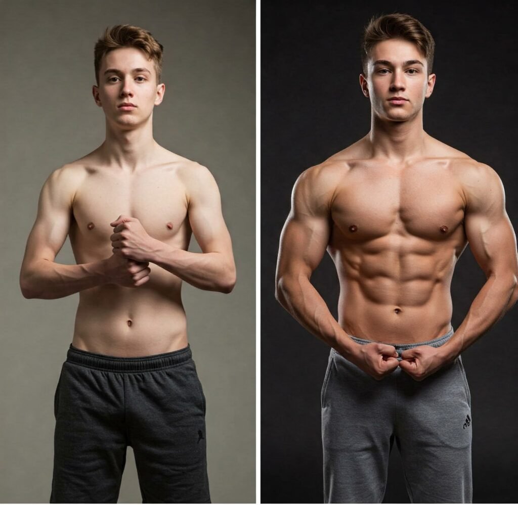 imagem Antes e depois mostrando ganho de massa com método PPL na calistenia