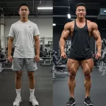 Os segredos para Hipertrofia: Na imagem, antes e depois de um homem jovem após ganhar massa muscular.