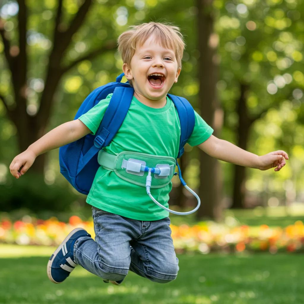 Alimentação Enteral: Menino feliz pulando, fazendo uso da alimentação enteral.