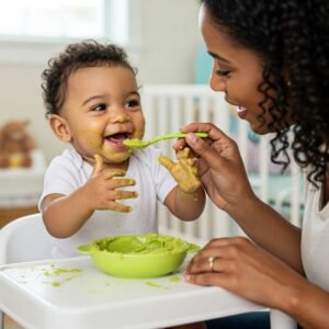 introdução alimentar para bebês: mãe dando papinha para seu bebê que está em processo de introdução alimentar.