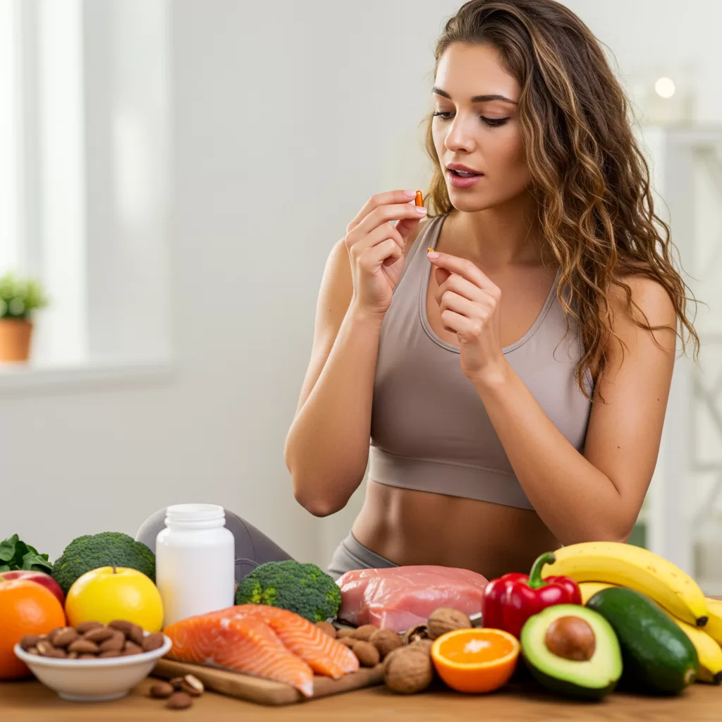 Multivitamínicos: Em um cenário de alimentação saudável e estilo de vida ativo, uma mulher com aparência forte e vestimenta esportiva considera um suplemento multivitamínico. A mesa à sua frente exibe uma rica seleção de alimentos nutritivos, representando uma abordagem equilibrada para a saúde.