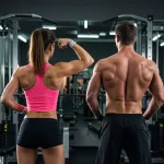 Treino de Costas na Musculação: Guia Completo Casal fitness posa de costas em uma academia, mostrando a força e a definição muscular de seus bíceps e costas após o treino. A mulher, com o cabelo preso, e o homem sem camisa demonstram dedicação e resultados.