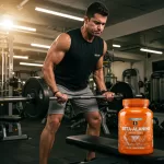 Rapaz fazendo rosca direta e suplemento beta alanina
