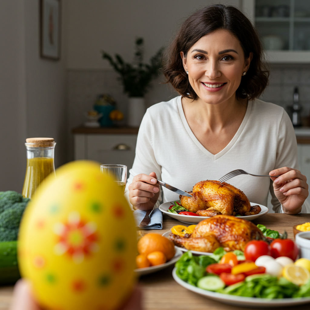 como evitar exageros na Páscoa: Mulher sorrindo com um prato de comida e um ovo de pascoa