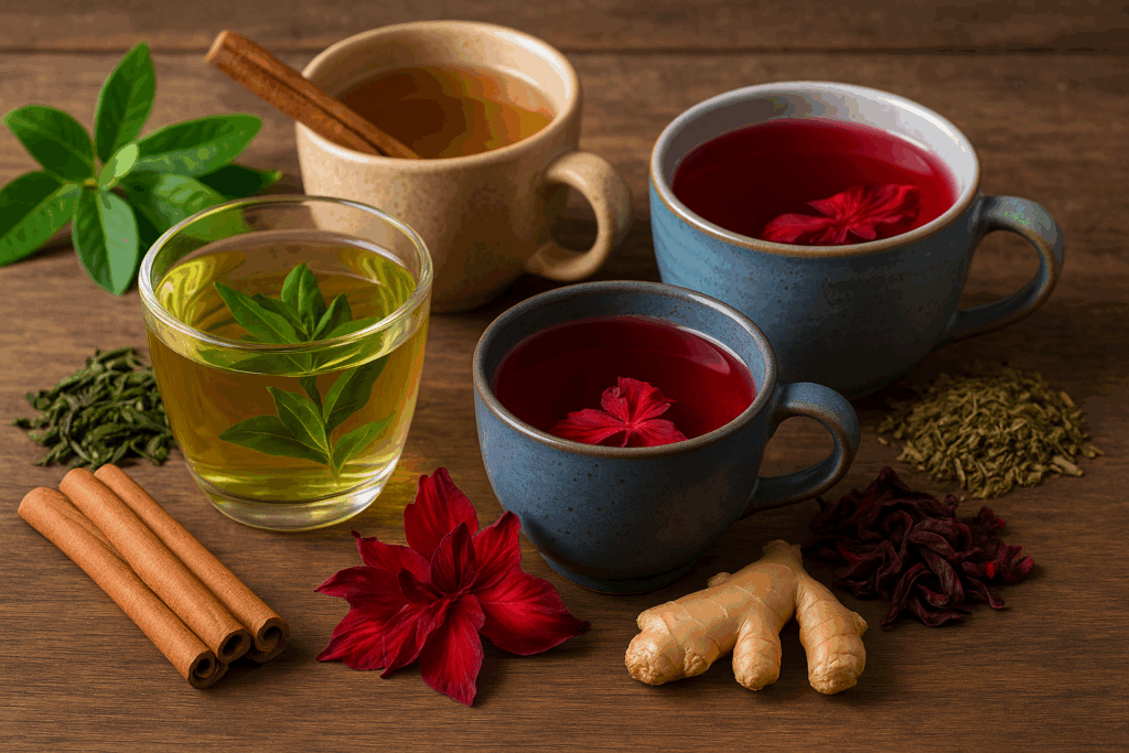 Chá para Emagrecer: Variedade de chás naturais em xícaras sobre mesa de madeira, incluindo chá verde, chá de hibisco e chá com canela, acompanhados de gengibre, folhas secas e flores