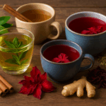 Chá para Emagrecer: Variedade de chás naturais em xícaras sobre mesa de madeira, incluindo chá verde, chá de hibisco e chá com canela, acompanhados de gengibre, folhas secas e flores