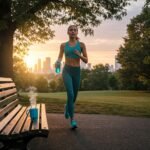 Uma mulher de aparência atlética correndo em um parque ao amanhecer, segurando uma garrafa de água, com uma caneca de café fumegante em um banco próximo, sugerindo um treino em jejum.