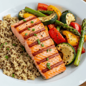 Alimentação balanceada: Foto de um prato de comida com alimentos saudáveis, representando uma alimentação balanceada.