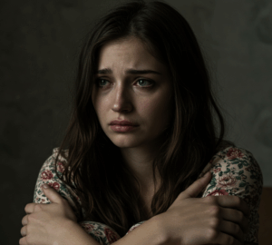 Uma jovem mulher de pele clara, com longos cabelos castanhos ondulados e olhos azuis marejados, abraça a si mesma com os braços cruzados. Ela parece triste e angustiada, com lágrimas escorrendo pelo rosto. O fundo é um cinza escuro e desfocado, concentrando a atenção na expressão de sofrimento da mulher.