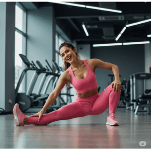 Uma mulher sorridente em roupa de ginástica rosa alonga a perna em um ginásio bem iluminado com equipamentos de exercício ao fundo.