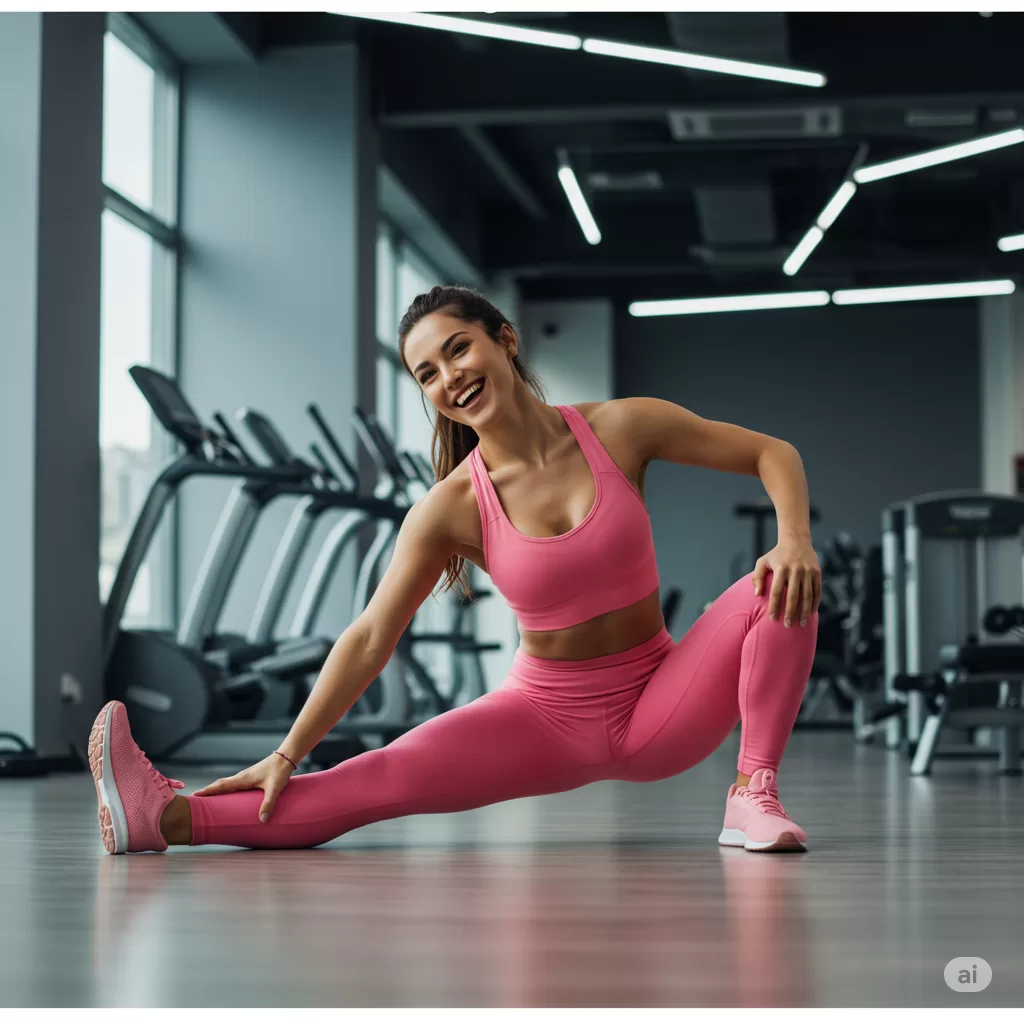 Uma mulher sorridente em roupa de ginástica rosa alonga a perna em um ginásio bem iluminado com equipamentos de exercício ao fundo.