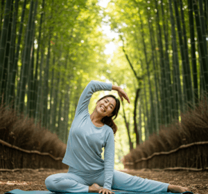 Uma jovem sorridente pratica yoga em uma floresta de bambu tranquila, banhada por luz solar suave e dourada.
