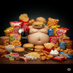 Gordura Visceral: O Que É, Como Afeta Sua Saúde A imagem destaca fast food, hambúrgueres, batata frita, refrigerante, doces, salgadinhos e comidas ultraprocessadas, com um fundo escuro e luz dramática para enfatizar os alimentos como "vilões".