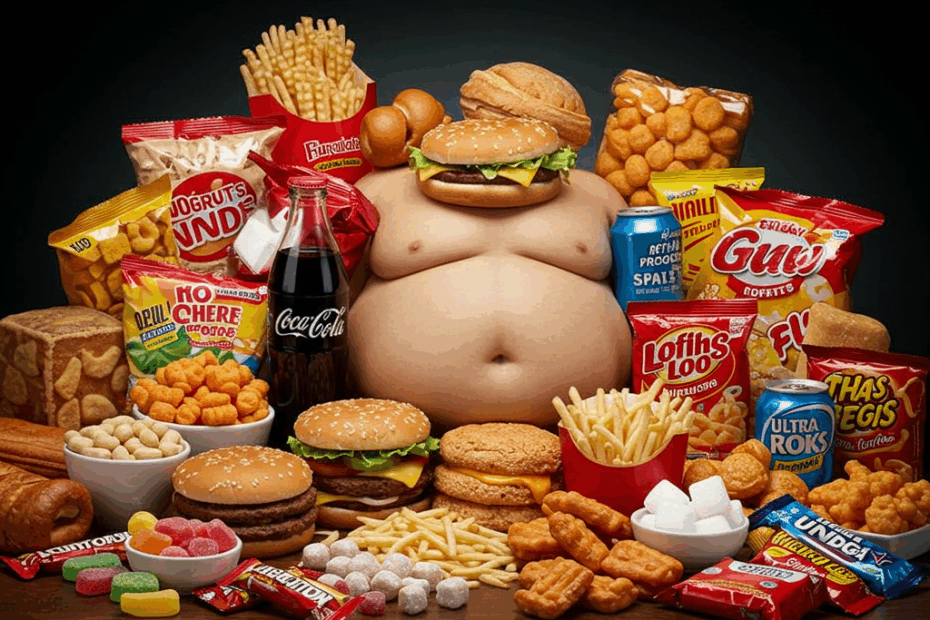 A imagem destaca fast food, hambúrgueres, batata frita, refrigerante, doces, salgadinhos e comidas ultraprocessadas, com um fundo escuro e luz dramática para enfatizar os alimentos como "vilões".