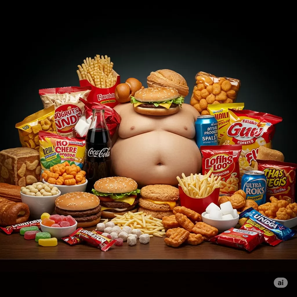 A imagem destaca fast food, hambúrgueres, batata frita, refrigerante, doces, salgadinhos e comidas ultraprocessadas, com um fundo escuro e luz dramática para enfatizar os alimentos como "vilões".