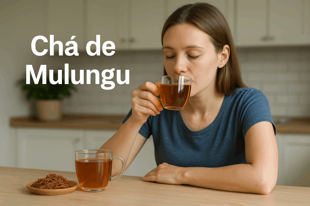 Mulher tomando o chá de Mulungu;