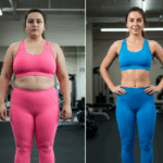 Antes e depois de uma mulher após passar por uma cirurgia bariátrica: na primeira foto, top rosa e calça bem apertados, mulher gorda. Na segunda foto, mulher após emagrecimento com corpo atlético, top azul e calça azul.