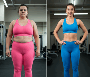 Antes e depois de uma mulher após passar por uma cirurgia bariátrica: na primeira foto, top rosa e calça bem apertados, mulher gorda. Na segunda foto, mulher após emagrecimento com corpo atlético, top azul e calça azul.