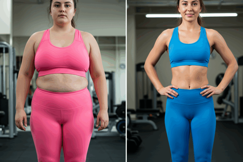 Antes e depois de uma mulher após passar por uma cirurgia bariátrica: na primeira foto, top rosa e calça bem apertados, mulher gorda. Na segunda foto, mulher após emagrecimento com corpo atlético, top azul e calça azul.