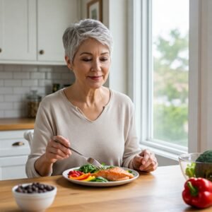 Como Emagrecer na Menopausa, mulher comendo saudável na terceira idade