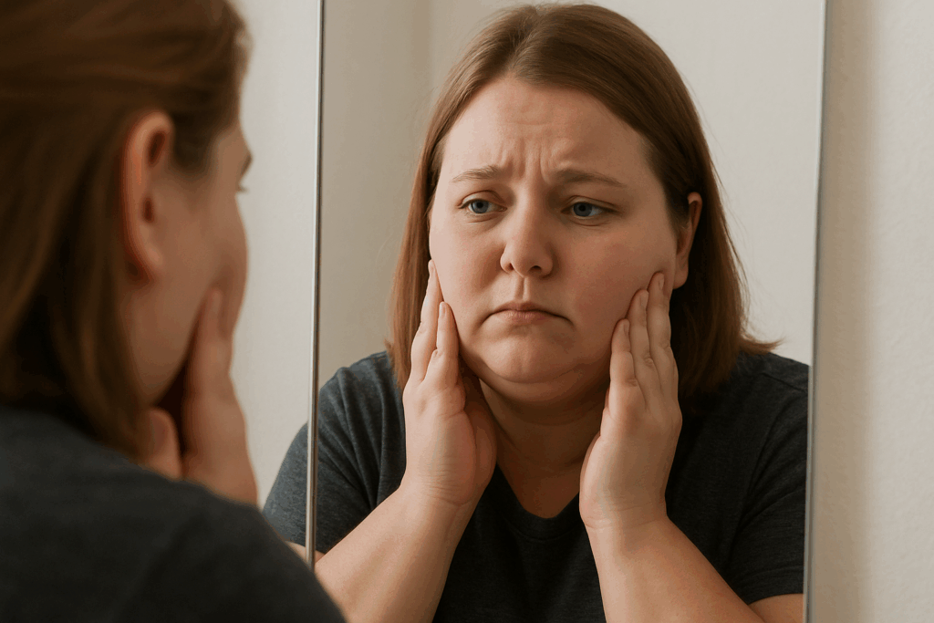 Mulher com rosto redondo olhando-se no espelho com expressão triste, representando a dúvida sobre como emagrecer o rosto.
