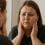 Mulher com rosto redondo olhando-se no espelho com expressão triste, representando a dúvida sobre como emagrecer o rosto.