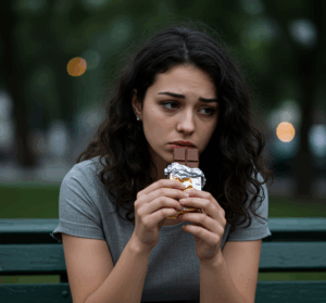 Uma jovem mulher com expressão de tristeza e olhos marejados segura uma barra de chocolate parcialmente desembrulhada em suas mãos, sentada sozinha em um banco de parque à noite