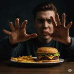 Um jovem com expressão de conflito e as mãos levantadas em sinal de parada diante de um prato com um hambúrguer e batatas fritas sobre uma mesa de madeira.
