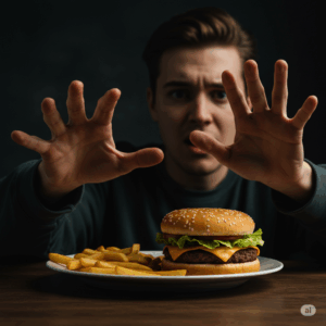 Um jovem com expressão de conflito e as mãos levantadas em sinal de parada diante de um prato com um hambúrguer e batatas fritas sobre uma mesa de madeira.