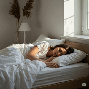 Gordura Visceral: Uma mulher dormindo pacificamente em uma cama sob a luz suave da manhã.
