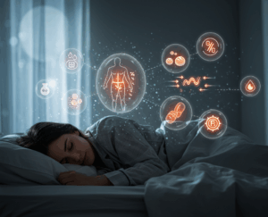 Dormir mais emagrece? Mulher dormindo profundamente em um quarto escuro com luz suave da lua entrando pela janela. Ícones transparentes representando metabolismo e queima de gordura flutuando sobre ela. Clima calmo e visual de saúde e bem-estar.