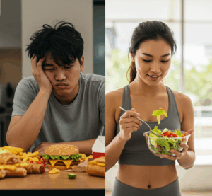 Dormir mais Emagrece? Imagem dividida em duas partes: à esquerda, uma pessoa cansada pegando fast food; à direita, uma pessoa descansada escolhendo uma salada.