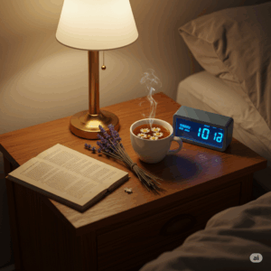 Dormir mais emagrece? Foto vista de cima com objetos de rotina noturna: um livro, uma xícara de chá de camomila, lavanda e um relógio digital marcando 22h. Clima aconchegante e relaxante.