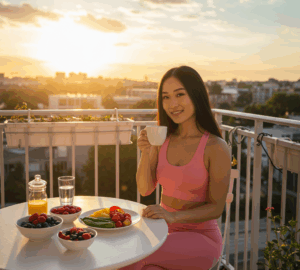 Uma jovem mulher asiática sorridente, vestindo roupa de ginástica rosa, está sentada a uma mesa branca redonda numa varanda ao nascer do sol. Ela segura uma caneca branca e olha para a câmera. A mesa está posta com duas tigelas de frutas vermelhas, um prato com tomate cereja, pepino e pimentão amarelo, um copo de suco de laranja, um copo de água e uma jarra de vidro com suco de laranja. Ao fundo, o sol nasce sobre uma paisagem urbana com prédios e árvores. A varanda tem uma grade branca e vasos de plantas com flores brancas.
