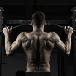 Homem de costas fazendo barra fixa. Músculos das costas, braços e ombros definidos e aparentes, demonstrando o resultado da hipertrofia alcançada com a calistenia.