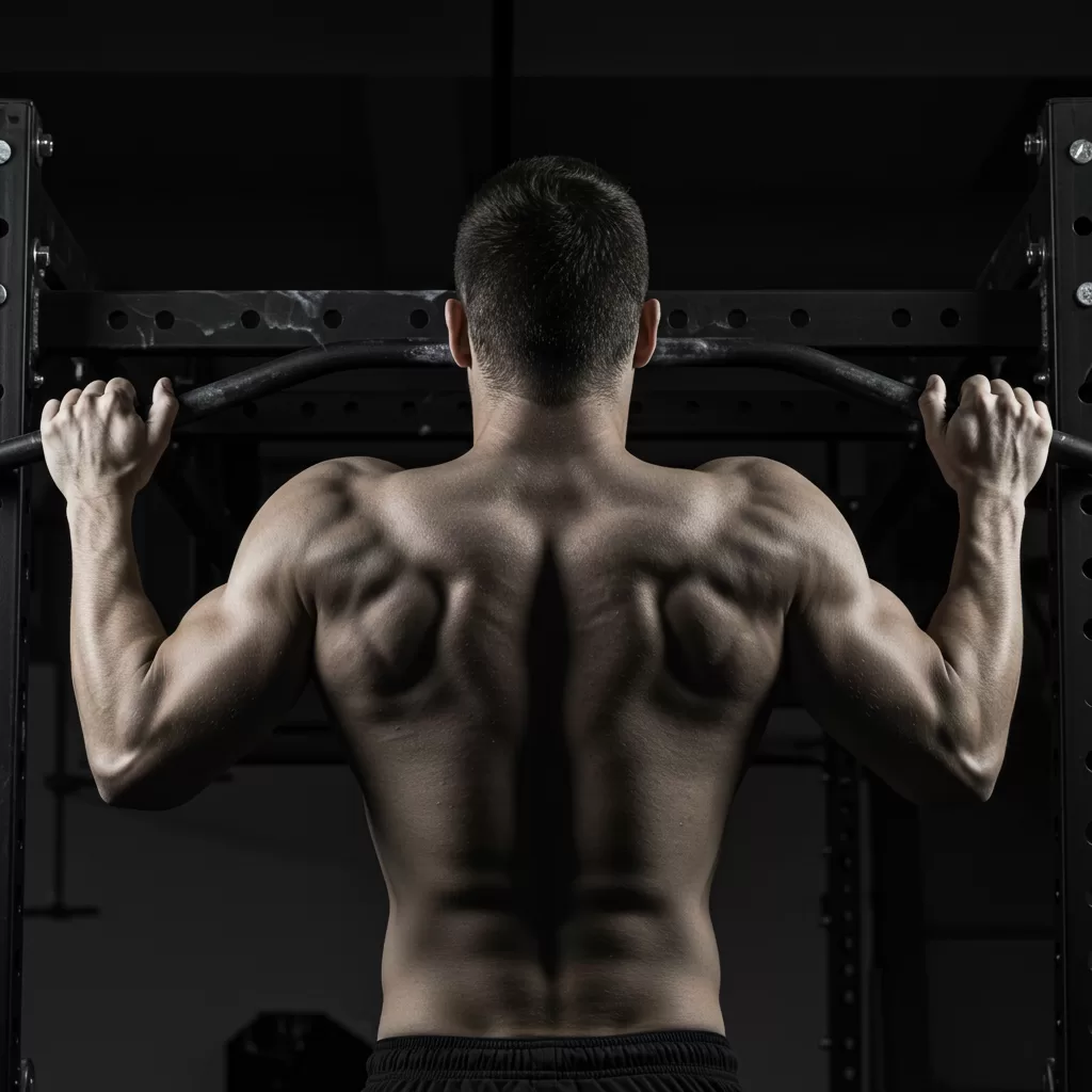 Homem de costas fazendo barra fixa. Músculos das costas, braços e ombros definidos e aparentes, demonstrando o resultado da hipertrofia alcançada com a calistenia.