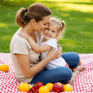 Mãe e filha se abraçando em um piquenique com frutas, cultivando hábitos de conexão e bem-estar.