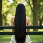 A Saúde dos Cabelos e da Pele Começa pela Alimentação: Uma mulher de pele clara, vista de costas, está sentada em um banco de madeira verde em um parque. Seu cabelo preto, longo, liso e brilhante, cai até a altura dos quadris. Ela veste um vestido branco sem alças. O fundo mostra árvores verdes e luz solar suave, criando um efeito bokeh. O foco está no cabelo comprido e lustroso da mulher.