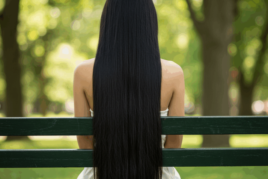 Uma mulher de pele clara, vista de costas, está sentada em um banco de madeira verde em um parque. Seu cabelo preto, longo, liso e brilhante, cai até a altura dos quadris. Ela veste um vestido branco sem alças. O fundo mostra árvores verdes e luz solar suave, criando um efeito bokeh. O foco está no cabelo comprido e lustroso da mulher.