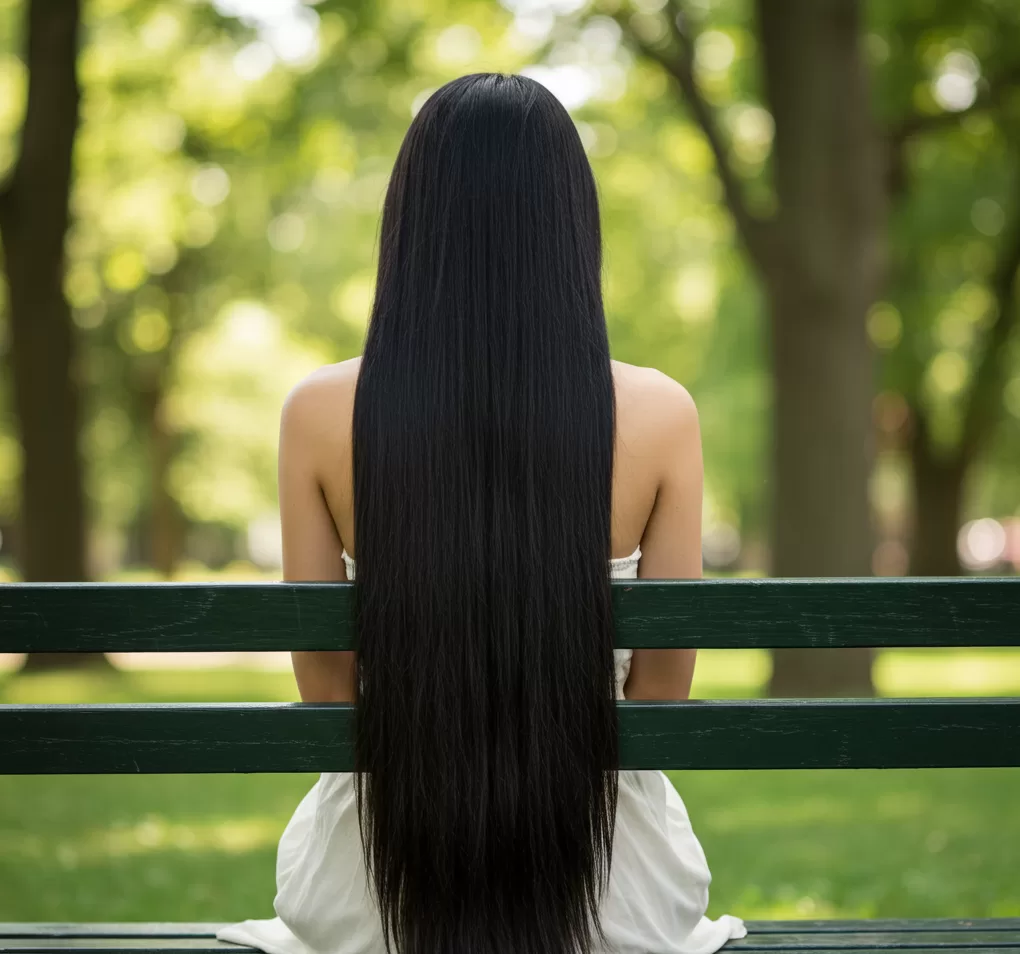 Uma mulher de pele clara, vista de costas, está sentada em um banco de madeira verde em um parque. Seu cabelo preto, longo, liso e brilhante, cai até a altura dos quadris. Ela veste um vestido branco sem alças. O fundo mostra árvores verdes e luz solar suave, criando um efeito bokeh. O foco está no cabelo comprido e lustroso da mulher.
