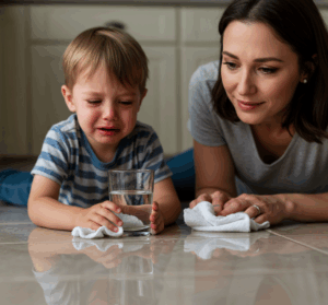 Mãe confortando filho chorando após derramar água na cozinha.
