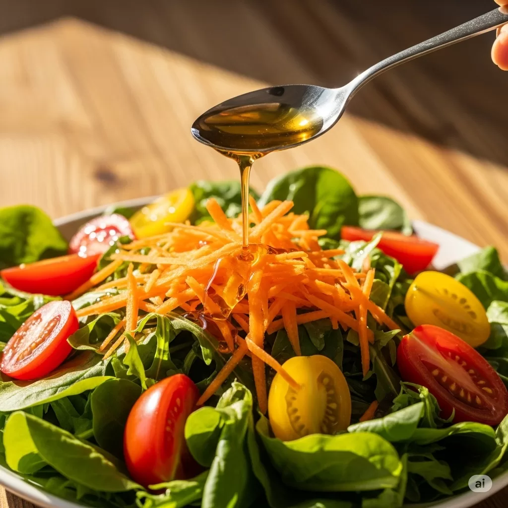 Vinagre de maça emagrece? Vinagre de maçã despejado na salada.