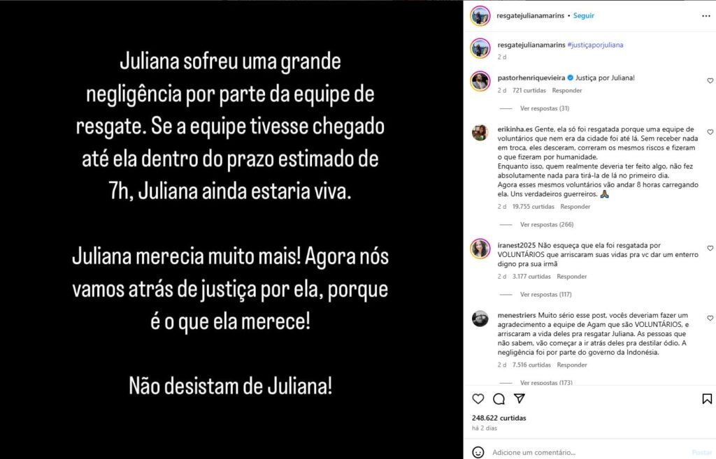 Print do Instagram da irmã de Juliana Marins, onde afirma negligência no resgate.
