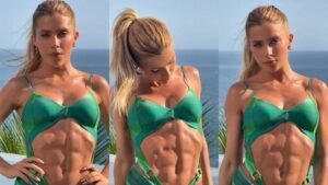 Dieta de Jade Picon: Jade Picon exibe abdomen definido com maio cavado verde.