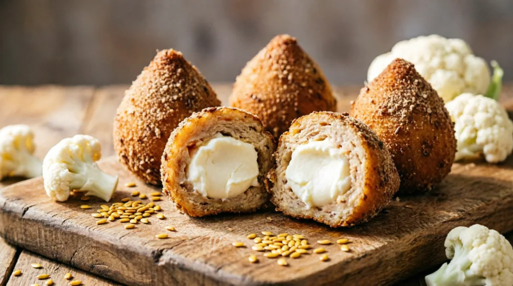 Coxinha Low Carb dourada e crocante recém-saída do forno em um prato decorado